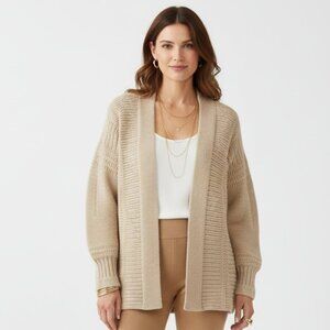Lafayette 148 Wool & Cashmere Blend Tan Knit Open Front Cardigan M/L